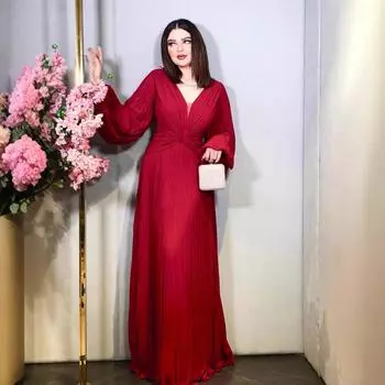 Элегантное плиссированное шифоновое платье с V-образным вырезом для банкетов и вечеринок Medium