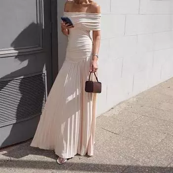 Элегантное плиссированное женское модное облегающее платье с открытыми плечами без рукавов летнее шикарное платье S хаки