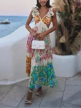 Элегантное пляжное платье с летающими рукавами и принтом, женское сексуальное вечернее платье с цветочным принтом, женское модное шикарное повседневное тонкое праздничное платье M оранжевый