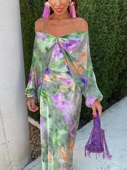 Элегантное пляжное платье со съемными рукавами, женское сексуальное платье с открытой спиной и галстуком-краской, тонкое длинное платье с v-образным вырезом, летняя мода, длинные халаты с высокой талией и принтом S зелёный