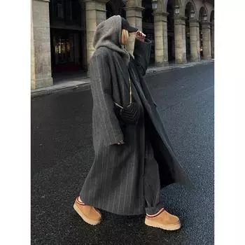 Элегантное полосатое пальто большого размера с лацканами, женское повседневное длинное пальто с длинным рукавом, осенне-зимняя женская верхняя одежда для поездок на работу и отдыха на улице S темно-серого