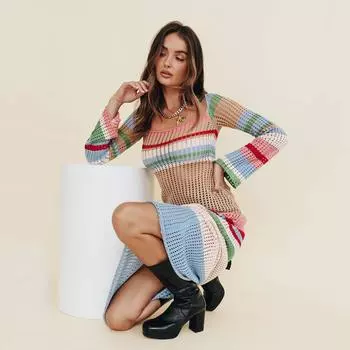 Элегантное полосатое пляжное платье, женские летние повседневные женские платья с длинными рукавами, шикарные платья макси с вырезами M синий