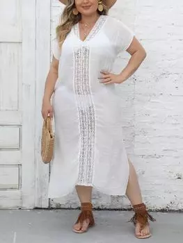 Элегантное повседневное платье больших размеров с V-образным вырезом, женское модное дизайнерское платье из натуральных лоскутных тканей, женское летнее винтажное тонкое бикини с открытой вилкой, одежда One Size чёрный