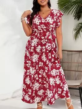 Элегантное повседневное платье с V-образным вырезом и коротким рукавом с принтом, женское винтажное шикарное платье на шнуровке больших размеров, свободные платья, женская летняя мода, натуральная одежда для женщин L красный