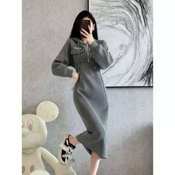 Элегантное повседневное платье-толстовка с капюшоном на флисовой подкладке, осень-зима, новое роскошное приталенное длинное платье S чёрный