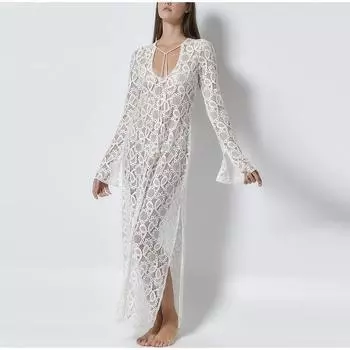 Элегантное прозрачное платье с разрезом, женское белое платье со шнуровкой, глубоким V-образным вырезом и длинным рукавом, женские платья 2025 года, весна-лето, свободное женское платье S белый