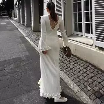 Элегантное расклешенное макси-платье, белое, с длинными рукавами, оборками, завязками сзади, осеннее платье для гостей на свадьбу, женское L белый