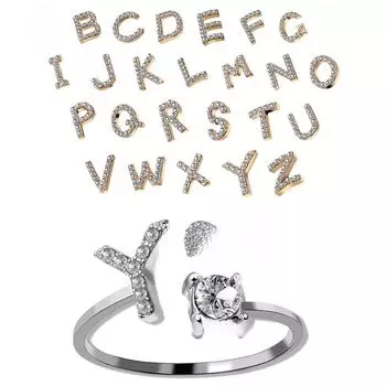 Элегантное регулируемое кольцо с бриллиантами в корейском стиле с 26 буквами для женщин Letter X серебряный