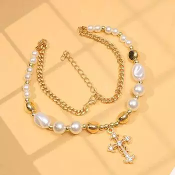 Элегантное ретро-колье с крестом и жемчугом на ключицу с бриллиантовыми акцентами для женщин CK0137