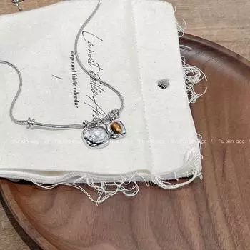 Элегантное ретро-ожерелье с подвеской из жемчуга и тигрового глаза N0318