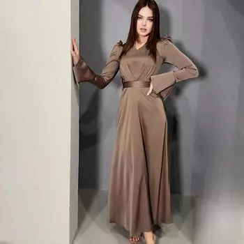 Элегантное ретро-платье с V-образным вырезом, омолаживающее, с рукавами-фонариками, длинными рукавами и шнуровкой на талии S кофейный