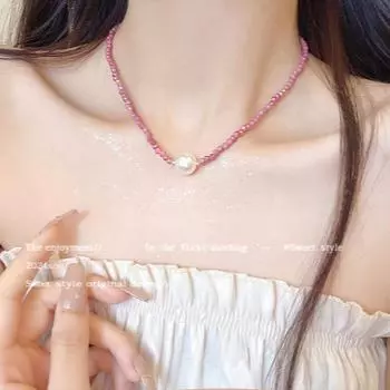 Элегантное розовое жемчужное ожерелье с бусинами - элитная цепочка на ключицу Niche X1432 золотой