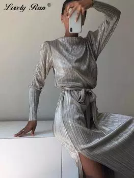 Элегантное серебряное длинное платье, женское тонкое платье с круглым вырезом, длинными рукавами, разрезом и поясом, женские платья, повседневные женские платья для отпуска, Vestidos S серебряный