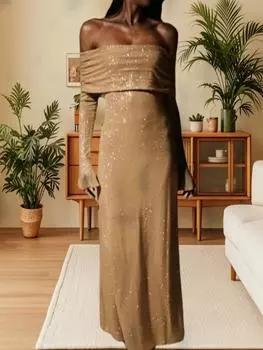 Элегантное сетчатое платье с открытыми плечами и длинными рукавами-фонариками для весны 2025 S