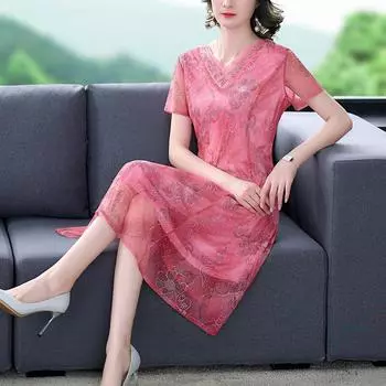 Элегантное сетчатое платье с v-образным вырезом для женщин среднего возраста, новая модная летняя одежда для мам L зелёный