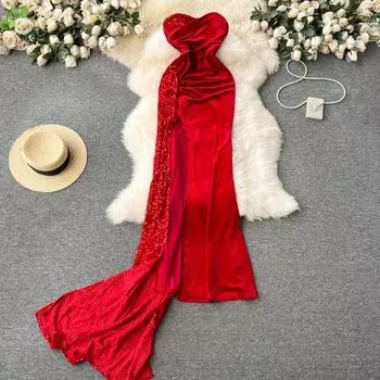 Элегантное сексуальное цельное платье с открытой спиной, женское платье с высокой талией и блестками, лоскутное платье без бретелек, женское платье для отпуска, тонкое вечернее платье с запахом бедра 2024 S чёрный