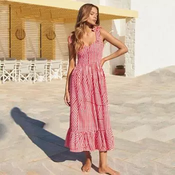 Элегантное сексуальное длинное платье на бретельках для женщин, летнее платье макси без рукавов с квадратным вырезом и высокой талией, длинное платье с принтом для пляжного отдыха, дышащее мягкое платье S