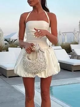 Элегантное сексуальное мини-платье с открытой спиной и лямкой на шее, женские летние плиссированные платья трапециевидной формы без рукавов, модная шикарная тонкая однотонная вечерняя одежда M белый