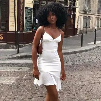 Элегантное сексуальное платье без рукавов с v-образным вырезом и оборками для женщин, лето 2023, облегающее платье на бретельках для офиса, винтажное вечернее белое платье 21758 S чёрный