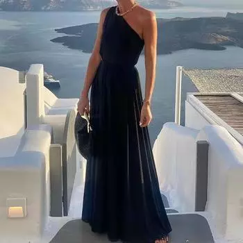Элегантное сексуальное платье без рукавов на одно плечо, женское модное вечернее длинное платье с открытой спиной, женские тонкие повседневные платья с высокой талией, женская одежда 24509 S чёрный