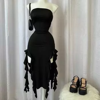 Элегантное сексуальное платье макси без бретелек, женское, с нерегулярными кисточками, летний тренд 2024 года, облегающее платье с разрезом, клубная одежда для вечеринок по случаю дня рождения S