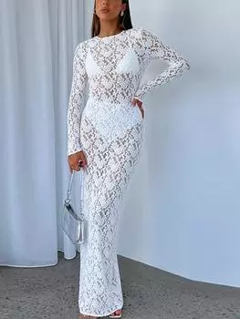 Элегантное сексуальное платье с крючками и цветочным узором, женское летнее платье Y2k с длинными рукавами, облегающее вечернее платье, модная шикарная кружевная одежда в уличном стиле L белый