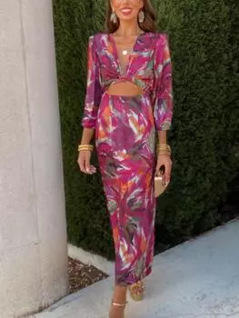 Элегантное сексуальное принтованное длинное платье с вырезом для женщин Y2k повседневные платья с длинным рукавом для вечеринок женские модные шикарные милые наряды с V-образным вырезом и бретельками S розовый