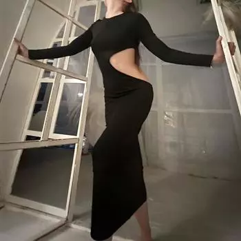 Элегантное сексуальное вечернее платье с открытой спиной и высокой талией, черное женское платье с длинным рукавом, облегающее повседневное длинное платье для женщин, модное уличное вечернее платье Y2K 26182 S чёрный