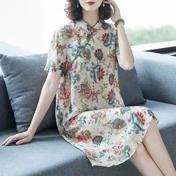 Элегантное шелковое улучшенное платье-чеонгсам больших размеров для лета в стиле высокого класса для модных и стильных женщин M