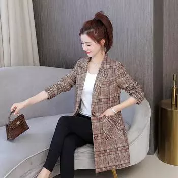 Элегантное шерстяное пальто в сетку, женское тонкое пальто средней длины, осенне-зимние куртки, однобортный шерстяной пиджак, верхняя одежда 5XL XL