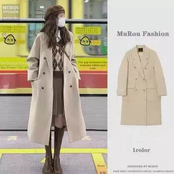 Элегантное шерстяное пальто в стиле Хепберн осень/зима 2023 года для женщин, средней/длинной длины, миниатюрное, выше колена. 3XL абрикосовый