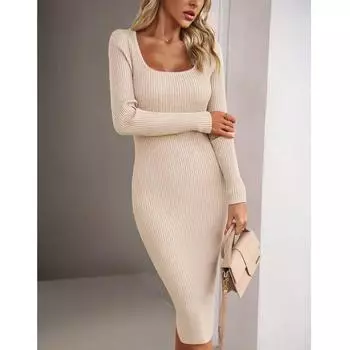 Элегантное шерстяное вязаное платье с квадратным вырезом для женщин, осень-зима 2023, сексуальное облегающее женское платье, новая модная одежда 30054 S чёрный