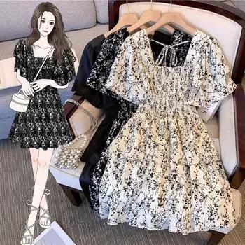 Элегантное шифоновое платье больших размеров во французском стиле, чтобы скрыть живот и выглядеть молодо L