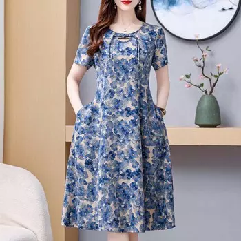 Элегантное шифоновое платье для женщин, большие размеры, повседневные тонкие длинные платья с короткими рукавами, женская винтажная летняя одежда с принтом XL чёрный