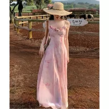 Элегантное шифоновое платье миди во французском стиле ретро, женское повседневное светло-розовое платье без рукавов с принтом, пляжная мода, винтажное шикарное лето 2024 XS светло-розовый