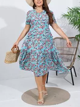 Элегантное шифоновое платье размера плюс с пышными рукавами, женское повседневное винтажное платье с V-образным вырезом и эластичной резинкой на талии, женская мода, свободная одежда с красивым принтом L синий