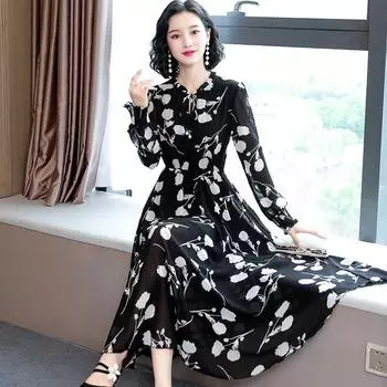 Элегантное шифоновое платье с длинными рукавами и утягивающим талию дизайном для женщин больших размеров M чёрный