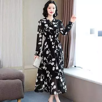 Элегантное шифоновое платье с длинными рукавами и утягивающим талию дизайном для женщин больших размеров M чёрный