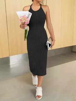 Элегантное шикарное однотонное платье на бретельках с круглым вырезом для женщин, французский дизайн, вязаные тонкие платья без рукавов, женский эстетический дизайн, эластичная одежда с высокой талией, новинка S чёрный