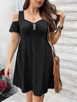 Элегантное шикарное тонкое платье больших размеров с квадратным вырезом, женская мода, дизайн с коротким рукавом, однотонные платья с надписью, женская повседневная одежда на слинге с открытыми плечами L чёрный