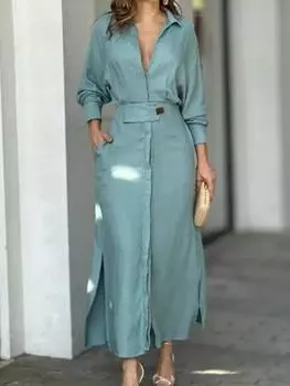 Элегантное синее платье миди 2023, весна-лето, однобортные женские платья с длинными рукавами, повседневный женский халат для поездок на работу S небесно-голубой