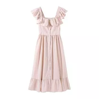 Элегантное синее полосатое платье макси с оборками на пуговицах, женское облегающее, с квадратным вырезом, без рукавов, для вечеринки, женское платье, женский халат S хаки