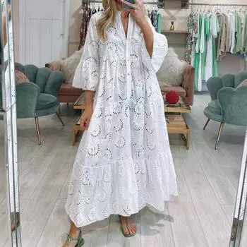 Элегантное сплошное цветное кружевное платье макси с вышивкой и v-образным вырезом, расклешенные рукава 3/4, ажурные пуговицы с цветочным узором, полупланка с рюшами и швом по подолу 3XL белый