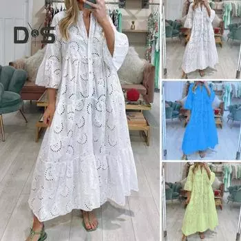 Элегантное сплошное цветное кружевное платье макси с вышивкой, V-образным вырезом, расклешенными рукавами 3/4, ажурными пуговицами с цветочным узором, полупланка с рюшами и швом по подолу. M белый