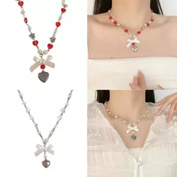 Элегантное стеклянное ожерелье-сердце с бантом, красивая бисерная цепочка на шею, аксессуар для модных личностей B