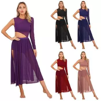 Элегантное струящееся длинное макси-лирическое платье для современного танца, сетчатое платье-майка с длинными рукавами, костюм для современного танца S фиолетовый