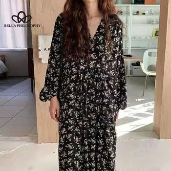 Элегантное свободное платье с длинными рукавами в стиле ретро с v-образным вырезом и цветочным принтом. Женское повседневное длинное платье с принтом Elegnat. ONE SIZE чёрный
