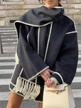 Элегантное свободное женское пальто с шарфом, модное однобортное женское пальто с длинными рукавами и карманами, осенне-зимняя женская куртка S чёрный