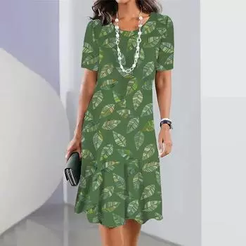 Элегантное свободное женское платье с принтом листьев 3D, платье с коротким рукавом, круглый вырез, юбка А-силуэта, летняя повседневная удобная уличная одежда S