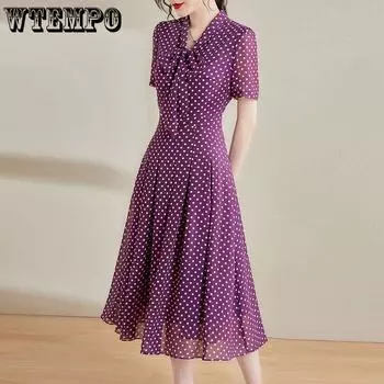 Элегантное темпераментное фиолетовое шифоновое платье в горошек, женские платья трапециевидной формы средней длины с короткими рукавами и талией S фиолетовый